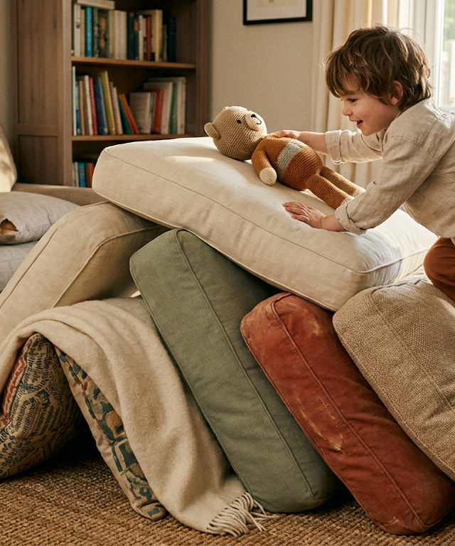 Sofa Cushion Mountain Expedition — Play Together activity for ages 2–5 years (indoor, 15 min)