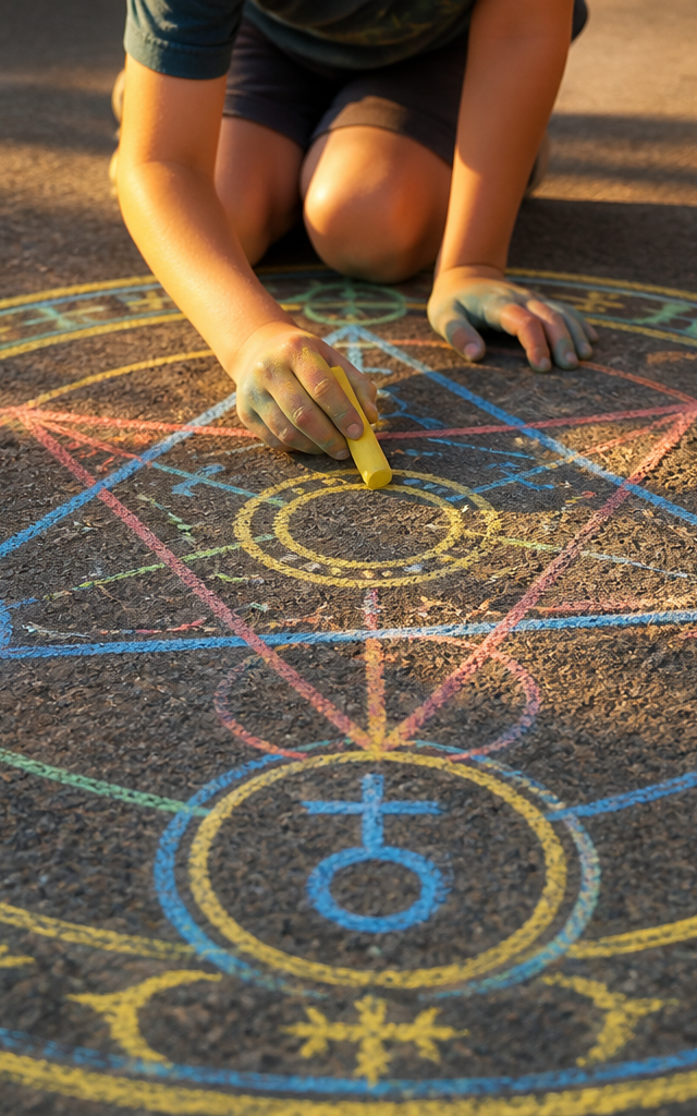 Alchemist's Transmutation Circle Floor Glyph — Fantasy & Characters activity for ages 6–10 years (outdoor, 60 min)