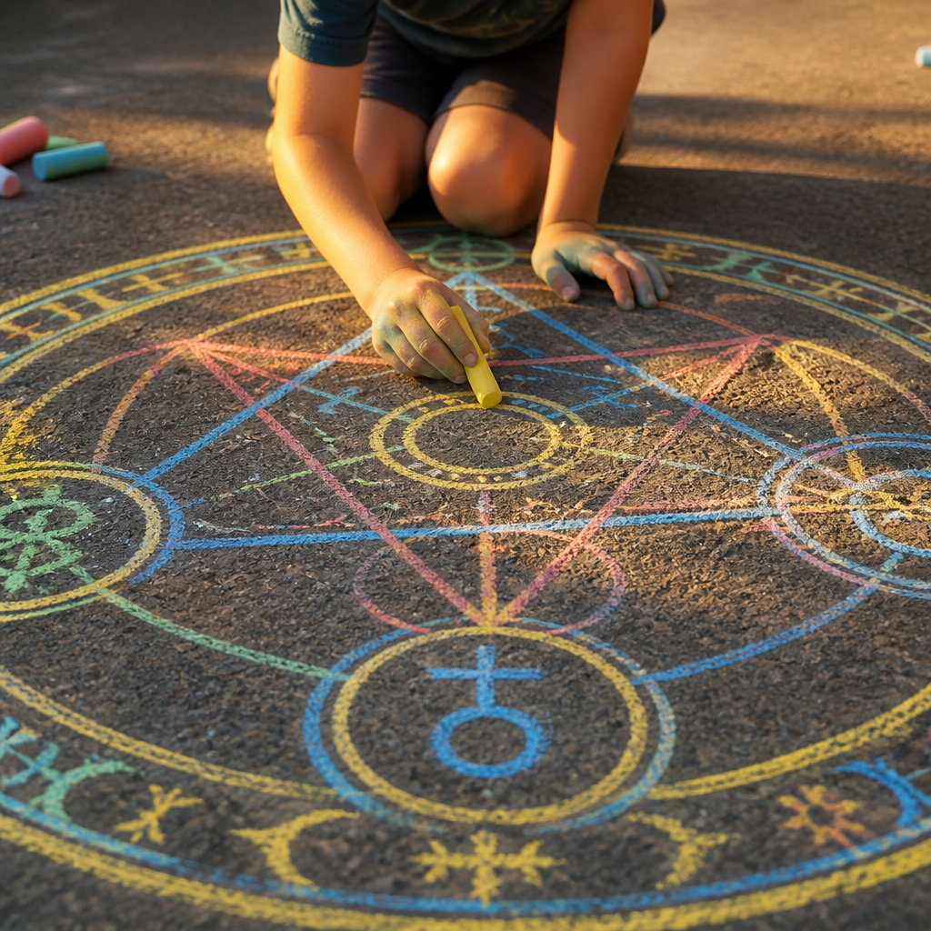 Alchemist's Transmutation Circle Floor Glyph — Fantasy & Characters activity for ages 6–10 years (outdoor, 60 min)