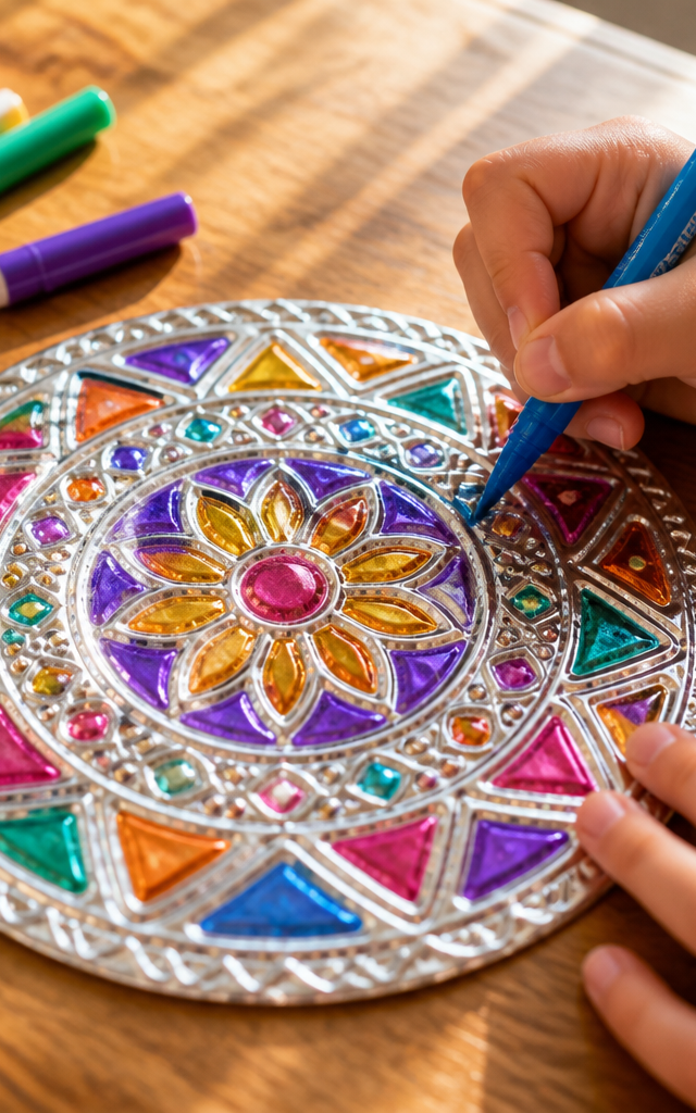 Aluminum Foil Embossed Shining Mandalas — Arts & Crafts activity for ages 6–10 years (indoor, 45 min)