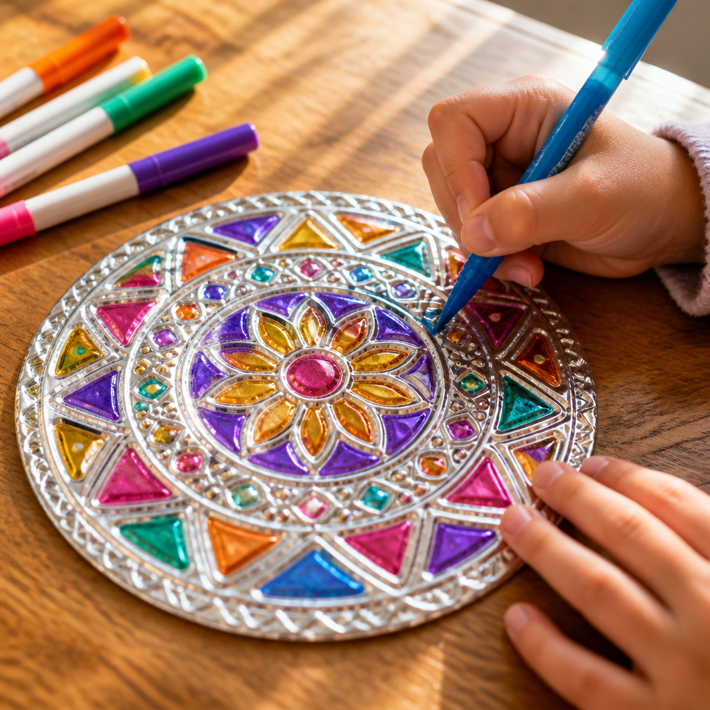 Aluminum Foil Embossed Shining Mandalas — Arts & Crafts activity for ages 6–10 years (indoor, 45 min)
