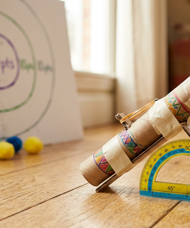 Angle-Blasting Fluffy Pom-Pom Launcher Target Arena — Numbers & Math activity for ages 6–10 years (indoor, 45 min)