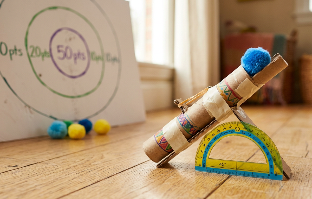 Angle-Blasting Fluffy Pom-Pom Launcher Target Arena — Numbers & Math activity for ages 6–10 years (indoor, 45 min)