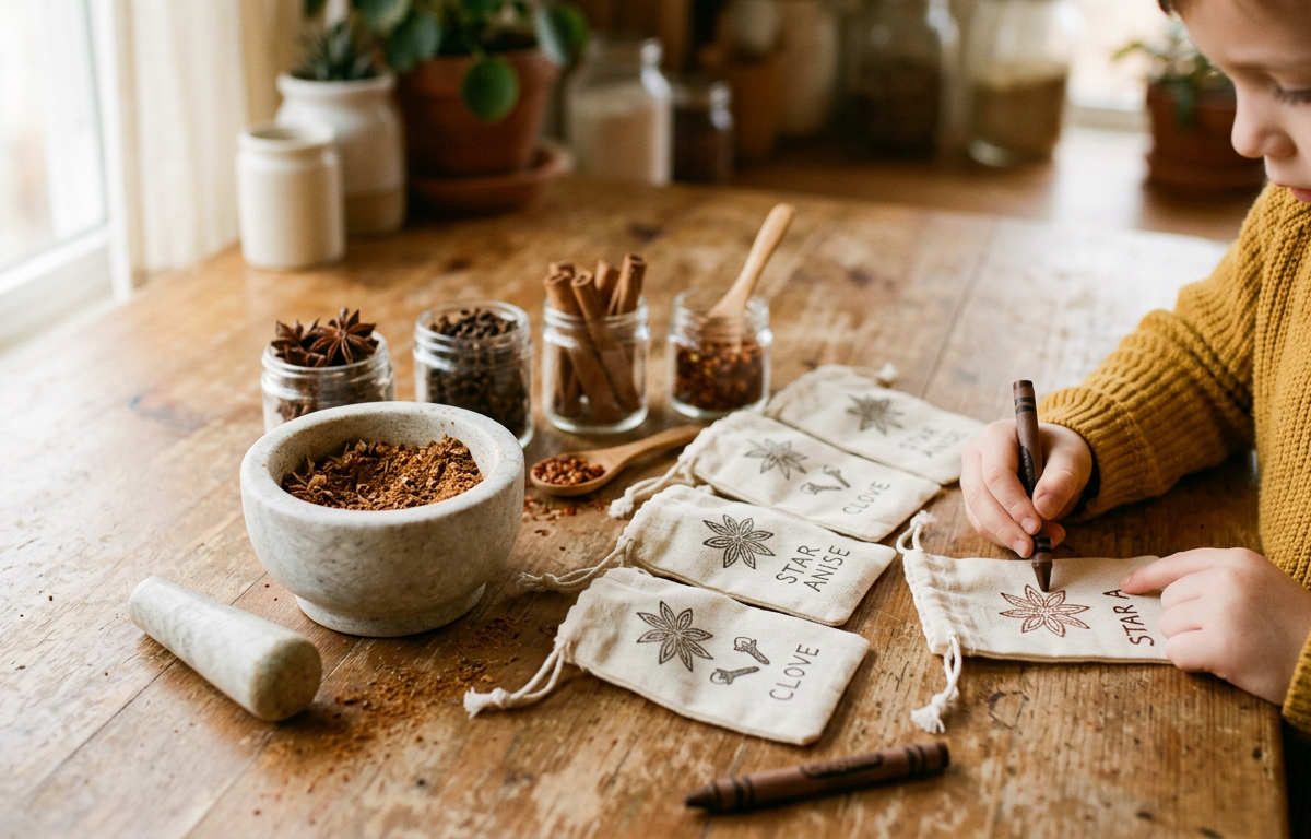 Aromatic Herb and Spice Grinding Station — Sensory Play activity for ages 5–9 years (indoor, 45 min)