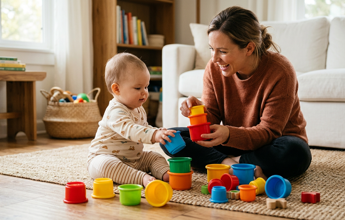 Month 12: Stacking Cups & First Steps — Baby (0–12 months) activity for ages 11–12 months (indoor, 10 min)