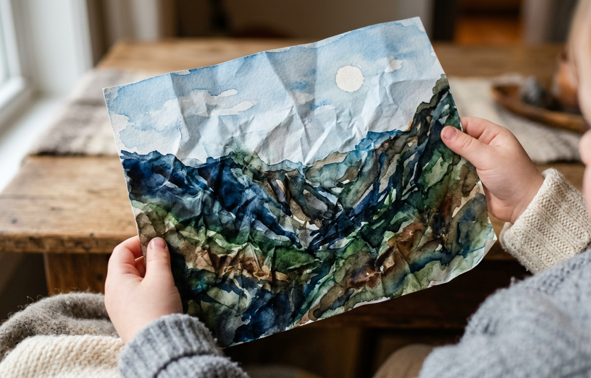 Crumpled Paper Secret Landscape Painting — Arts & Crafts activity for ages 5–9 years (indoor, 60 min)