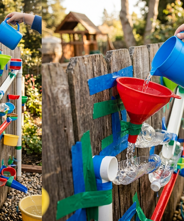 Fence Funnel & Pipe Water Wall — Water Play activity for ages 3–8 years (outdoor, 30 min)