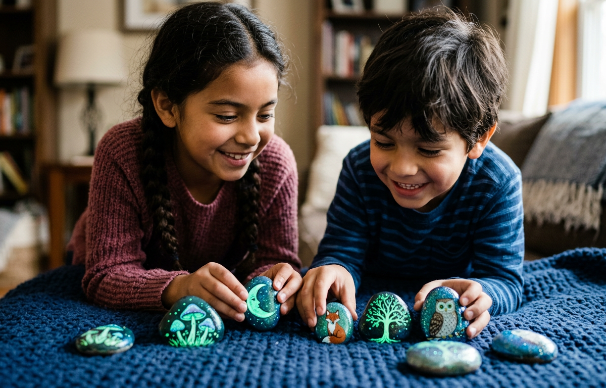 Glimmering Story Stones: Illuminated Plot Twists — Reading & Literacy activity for ages 6–10 years (indoor, 60 min)