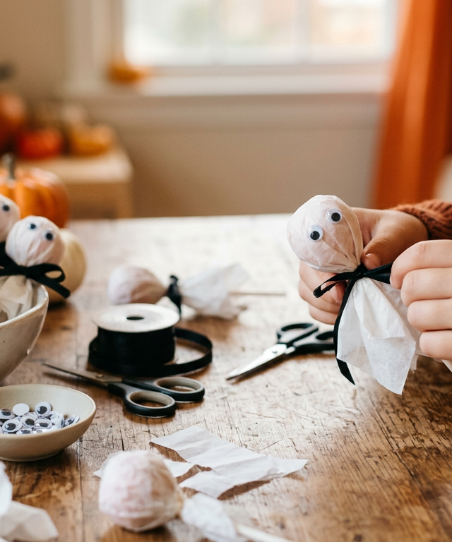 Tissue-Ghost Lollipop Party Favors — Holidays & Seasons activity for ages 4–8 years (indoor, 25 min)