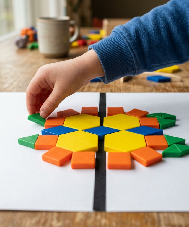 Pattern Block Creature Symmetry Puzzles — Numbers & Math activity for ages 5–8 years (indoor, 30 min)