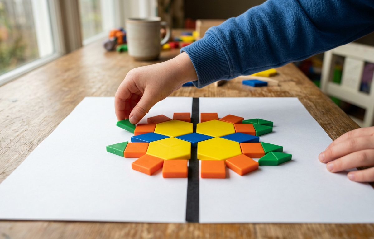 Pattern Block Creature Symmetry Puzzles — Numbers & Math activity for ages 5–8 years (indoor, 30 min)