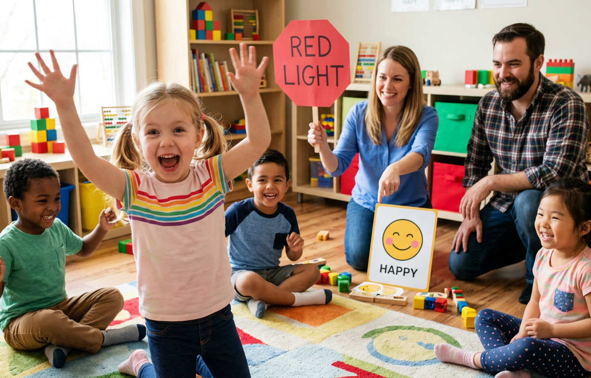Red Light, Green Light Emotion Poses — Movement activity for ages 4–8 years (indoor, 20 min)