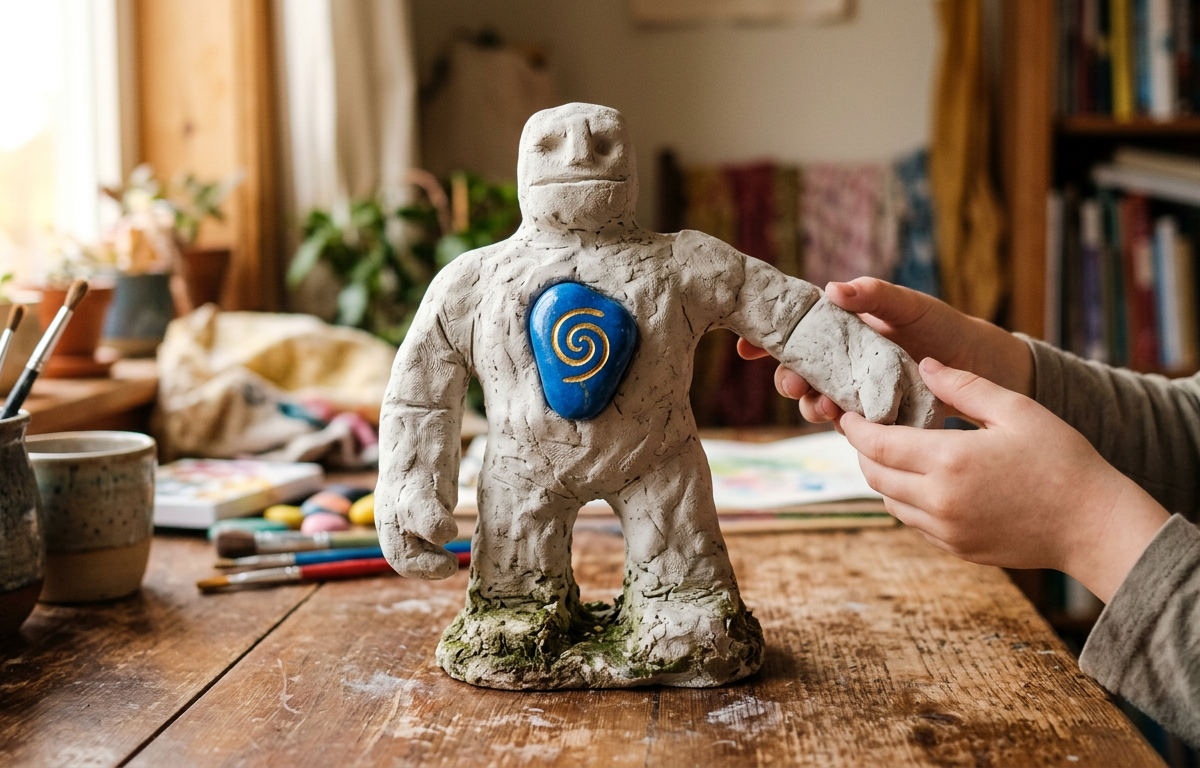 Sculpted Clay Golem Guardians with Runestone Hearts — Fantasy & Characters activity for ages 6–10 years (indoor, 180 min)