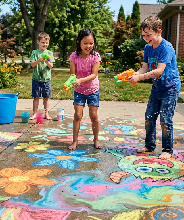 Squirt Gun Sidewalk Chalk Melt — Water Play activity for ages 3–8 years (outdoor, 30 min)