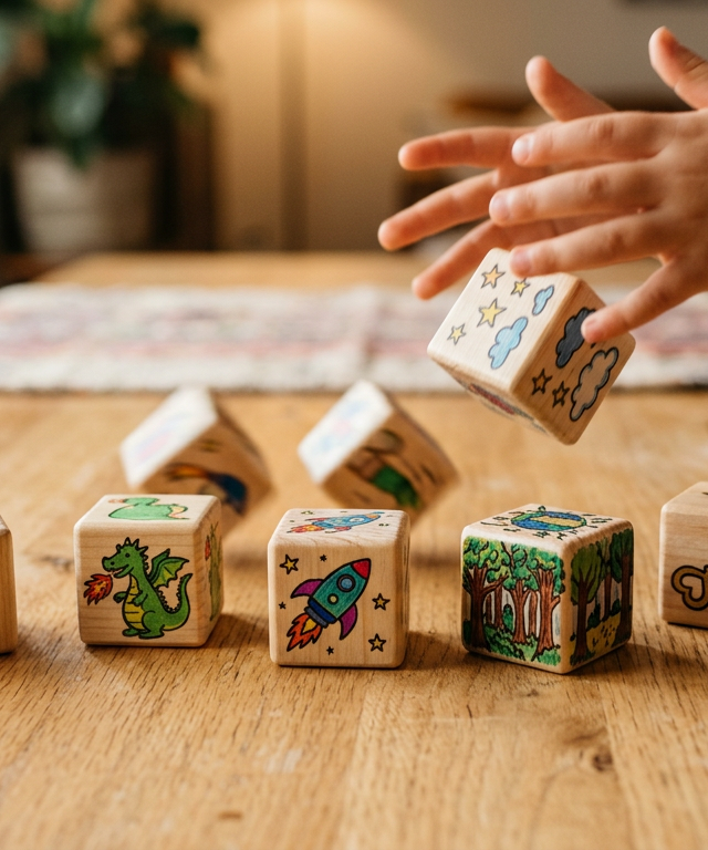 Story Cubes with Mix-and-Match Character Scenes — Reading & Literacy activity for ages 5–9 years (indoor, 90 min)