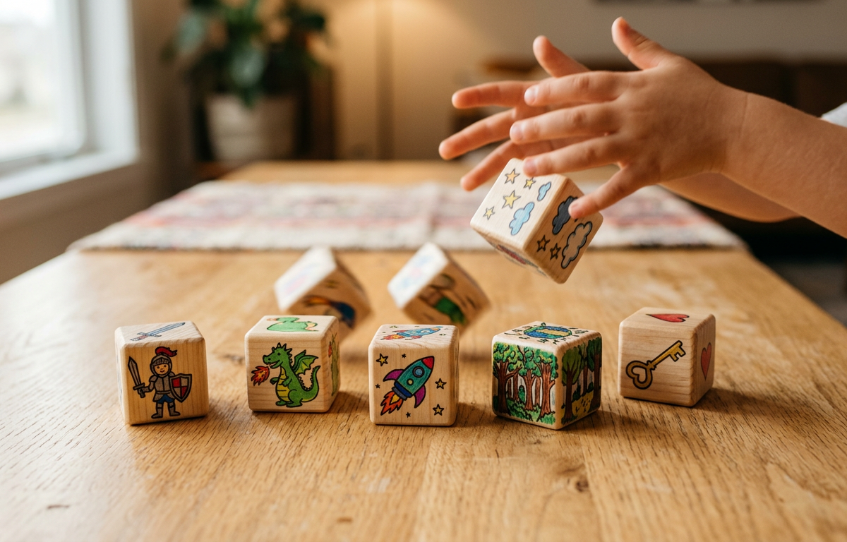 Story Cubes with Mix-and-Match Character Scenes — Reading & Literacy activity for ages 5–9 years (indoor, 90 min)