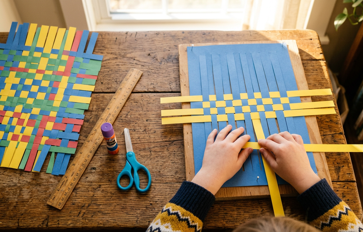 Symmetry-Mirror Paper Weaving Wall Art — Arts & Crafts activity for ages 6–8 years (indoor, 40 min)