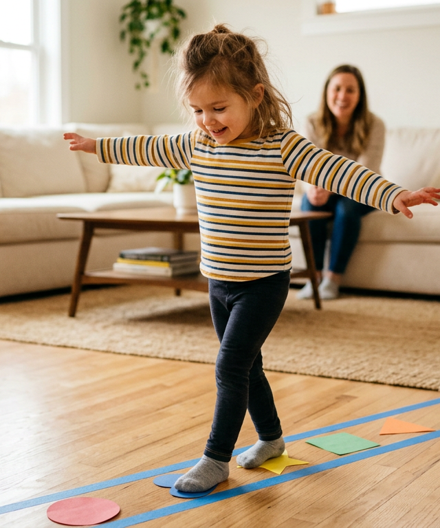 Tape-Line Living Room Balance Beam — Movement activity for ages 3–8 years (indoor, 20 min)