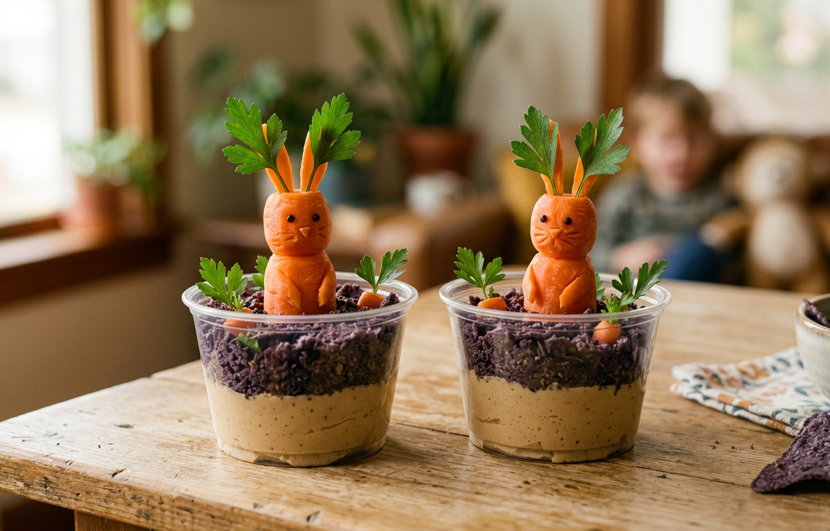Underground Burrow Hummus Cups with Carrot Rabbits — Cooking & Baking activity for ages 5–10 years (indoor, 45 min)