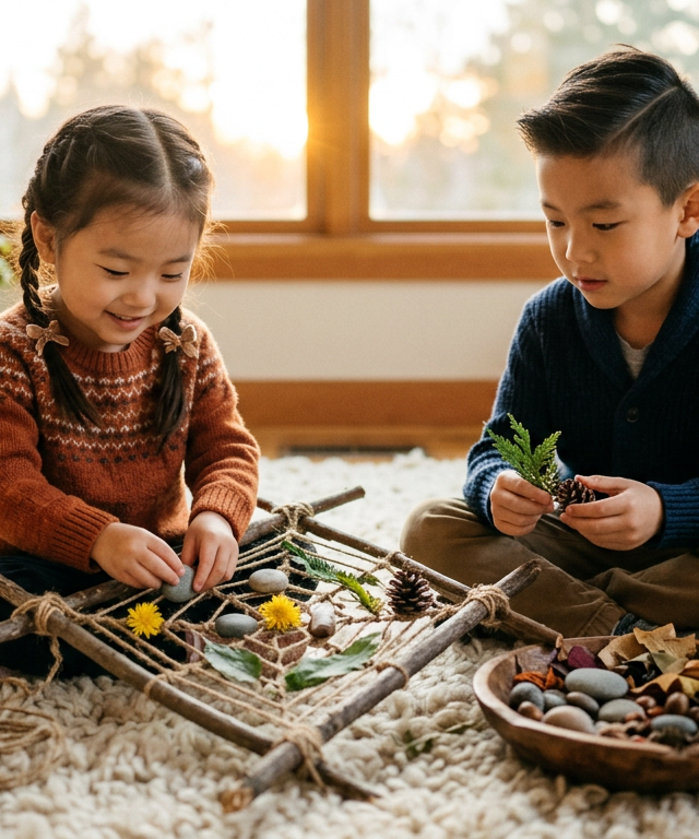 Woven Gratitude Web with Found Nature Items — Building Character activity for ages 3–9 years (indoor, 35 min)