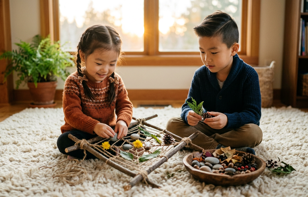 Woven Gratitude Web with Found Nature Items — Building Character activity for ages 3–9 years (indoor, 35 min)