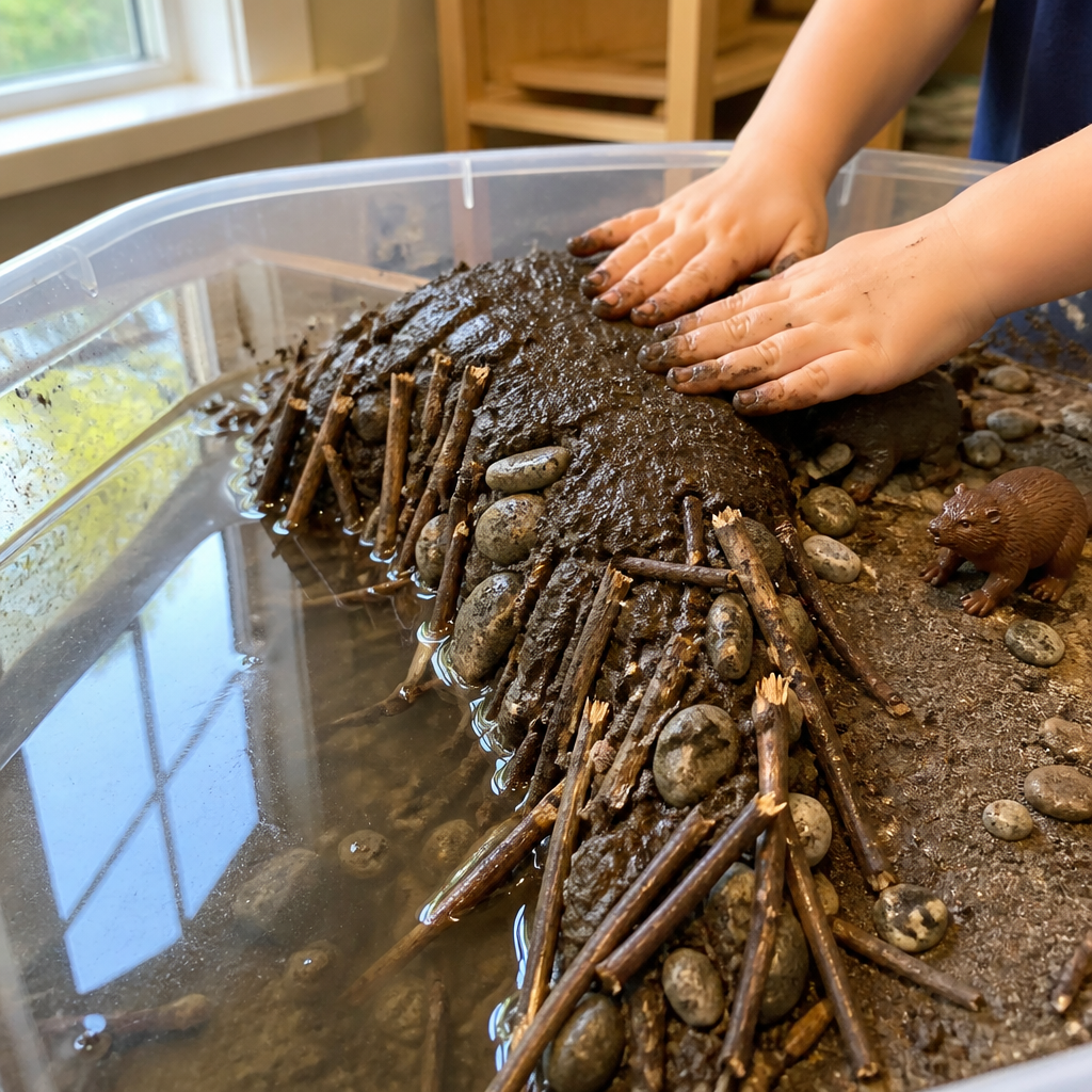 Beaver Dam Engineering Water Table Challenge — Animals activity for ages 4–8 years (indoor, 60 min)