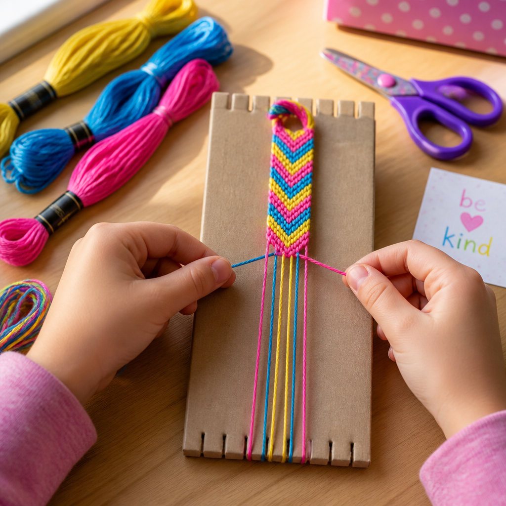 Cardboard Loom Friendship Bracelet Weaver — Arts & Crafts activity for ages 7–11 years (indoor, 60 min)