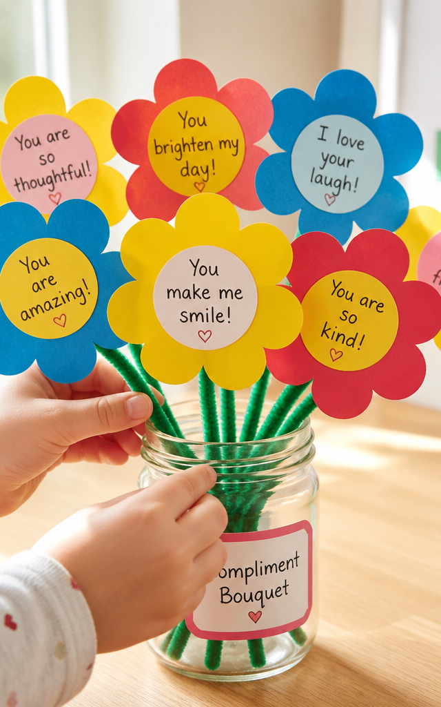 Compliment Flower Bouquet Papercraft — Building Character activity for ages 6–10 years (indoor, 60 min)