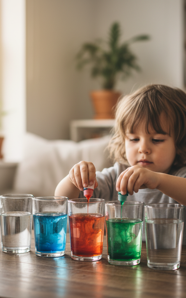 Clear Cup Color-Mixing Drops — Water Play activity for ages 4–8 years (indoor, 25 min)
