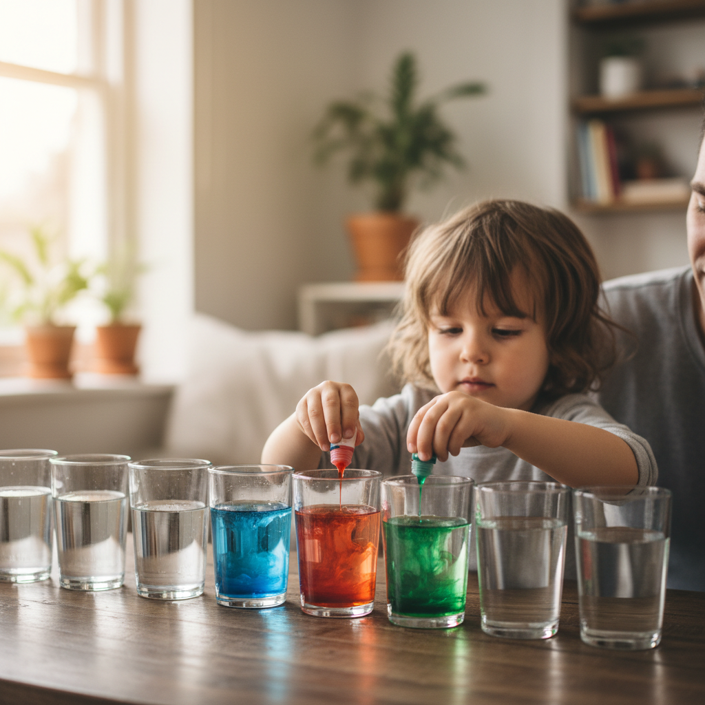 Clear Cup Color-Mixing Drops — Water Play activity for ages 4–8 years (indoor, 25 min)