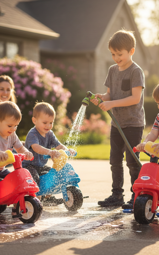 Driveway Ride-On Car Wash Station — Water Play activity for ages 2–6 years (outdoor, 30 min)