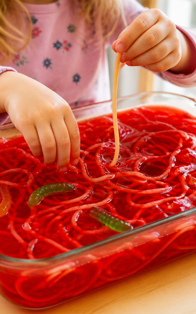 Edible Jello and Spaghetti Slimy Worm Dig — Sensory Play activity for ages 4–7 years (indoor, 270 min)