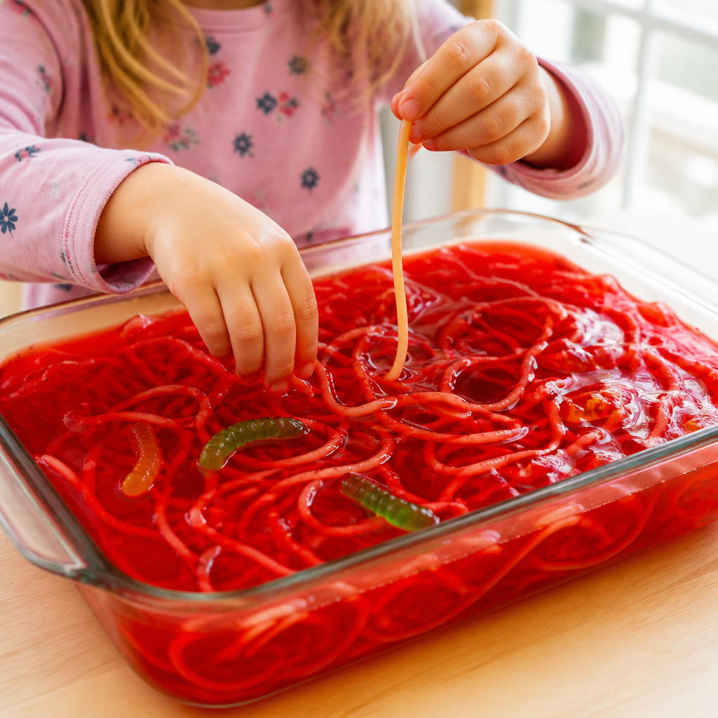 Edible Jello and Spaghetti Slimy Worm Dig — Sensory Play activity for ages 4–7 years (indoor, 270 min)