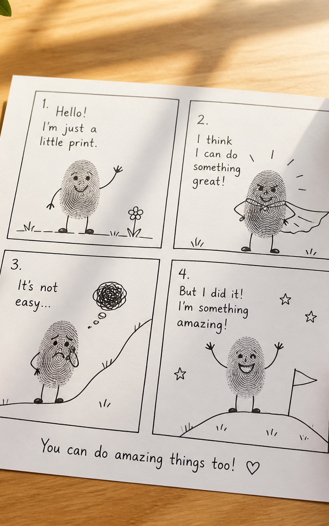 Fingerprint Character Comic Strip Stories — Reading & Literacy activity for ages 5–9 years (indoor, 45 min)