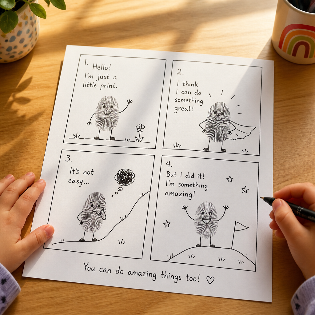 Fingerprint Character Comic Strip Stories — Reading & Literacy activity for ages 5–9 years (indoor, 45 min)