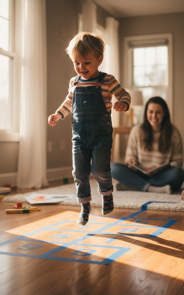 Painters-Tape Alphabet Hopscotch — Movement activity for ages 3–7 years (indoor, 25 min)