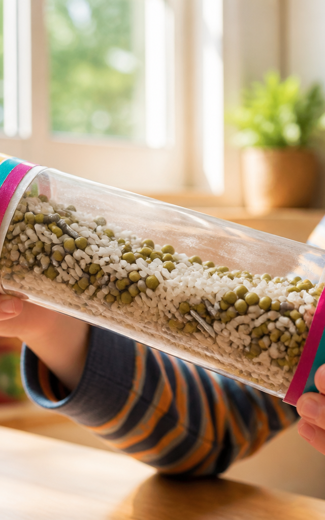 Listen to the Rain Indoor Rainstick Bottle — Sensory Play activity for ages 5–8 years (indoor, 90 min)