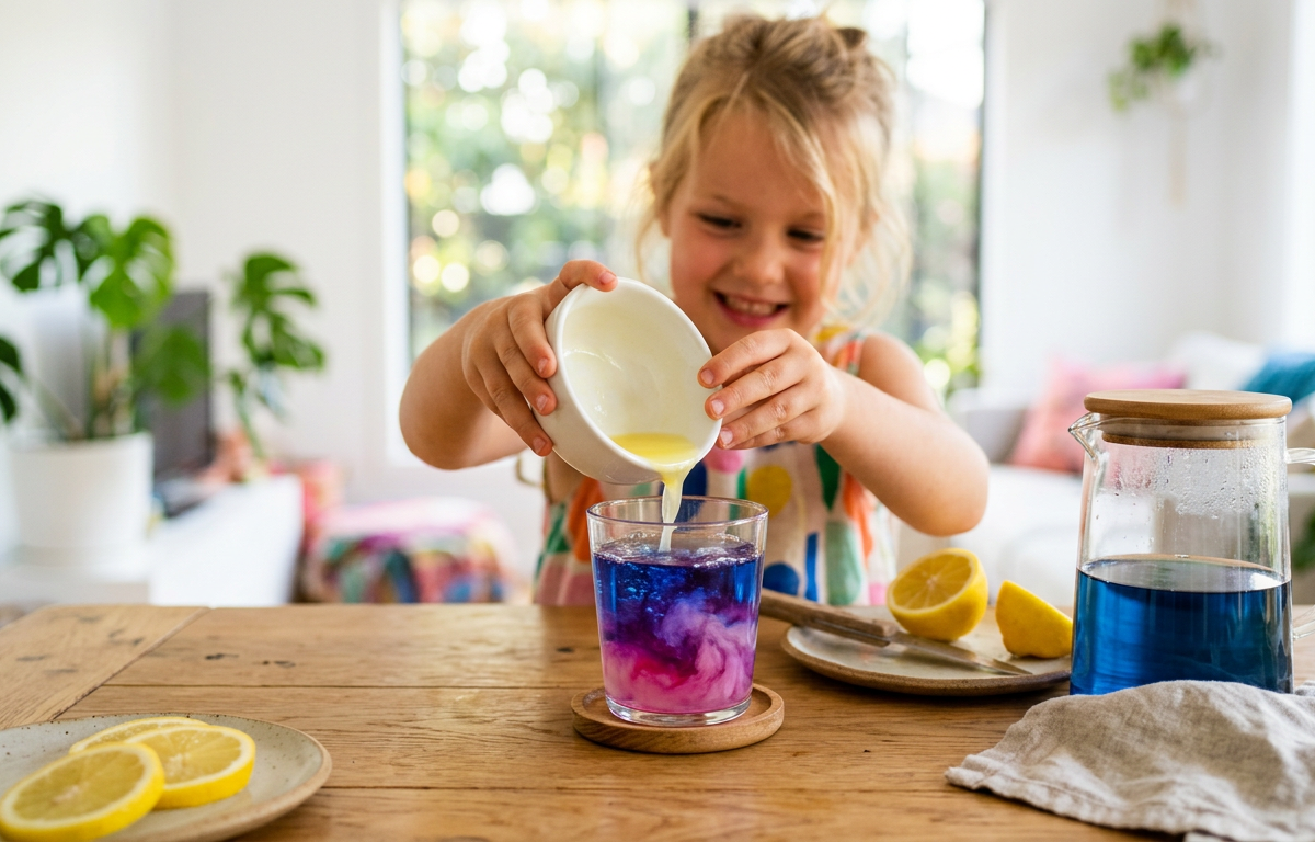 Magic Color-Changing Butterfly Tea Lemonade — Cooking & Baking activity for ages 4–9 years (indoor, 20 min)