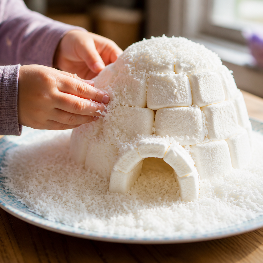 Marshmallow Igloo Village on a Coconut Snowfield — Cooking & Baking activity for ages 4–8 years (indoor, 45 min)