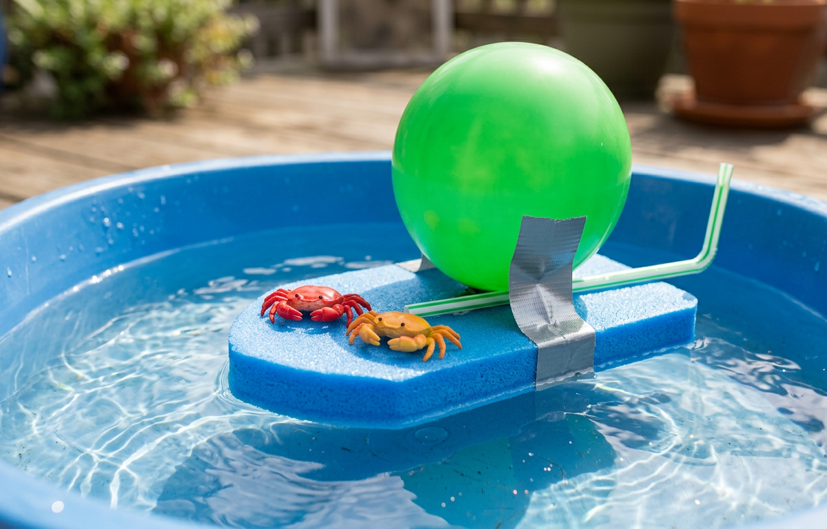 Crustacean Cargo Balloon Powered Swimming Rafts — Science Experiments activity for ages 6–10 years (outdoor, 45 min)