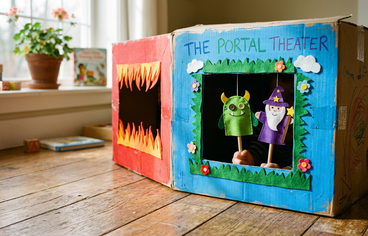 Double Sided Cardboard Box Puppet Portal Adventure — Arts & Crafts activity for ages 5–10 years (indoor, 60 min)