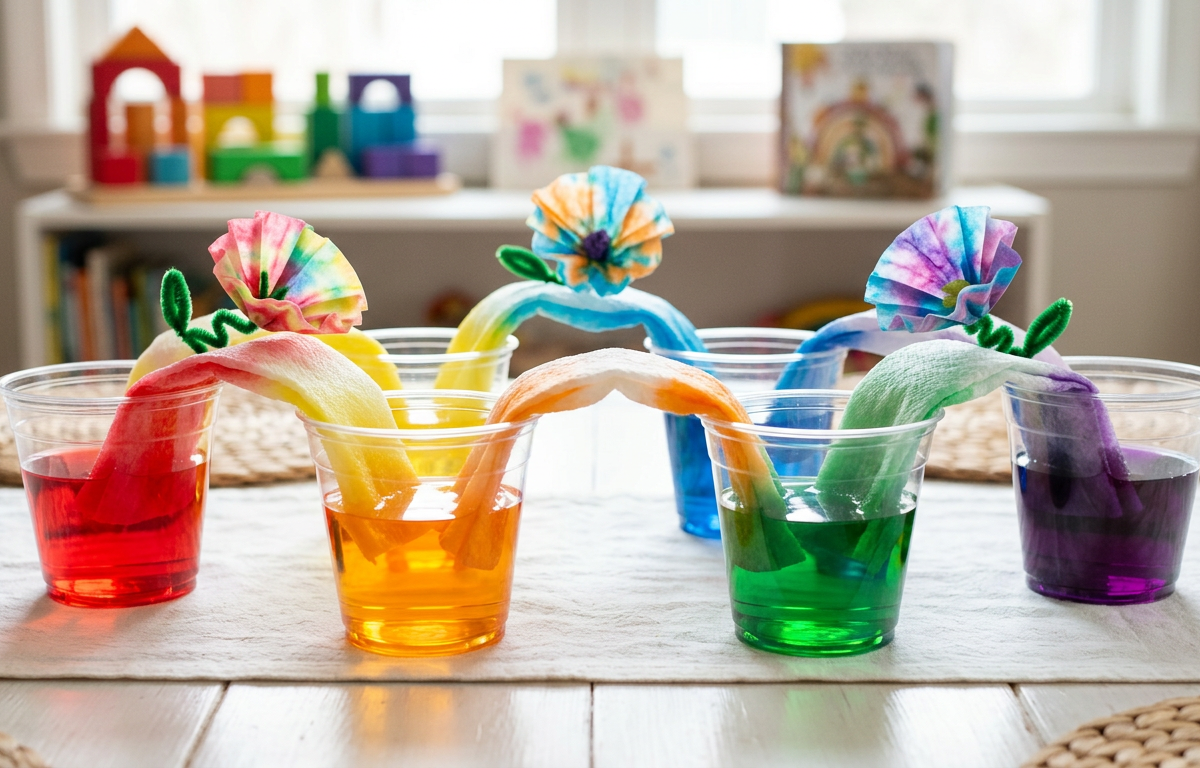 Rainbow Water Bridge and Magic Coffee Filter Flowers — Science Experiments activity for ages 5–10 years (indoor, 60 min)