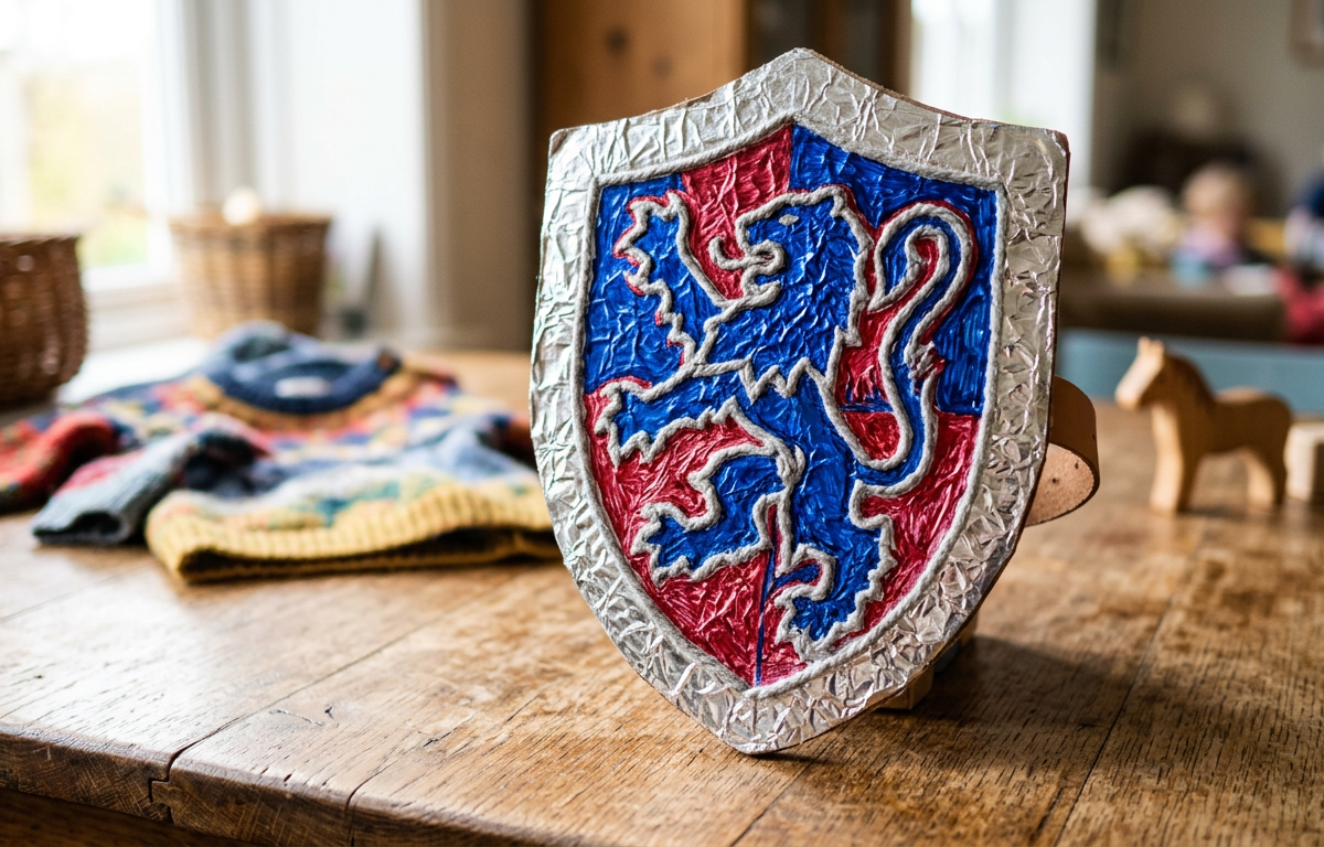 Shimmering Metallic Foil Relief Shield Designs — Arts & Crafts activity for ages 6–11 years (indoor, 45 min)