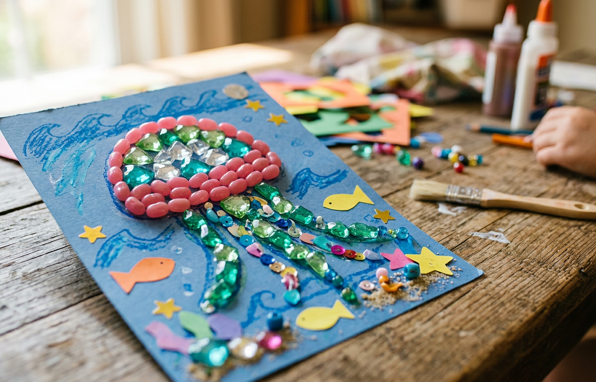 Sparkling Undersea Jellybean Mosaic with Recycled Plastic Gems — Arts & Crafts activity for ages 6–10 years (indoor, 60 min)