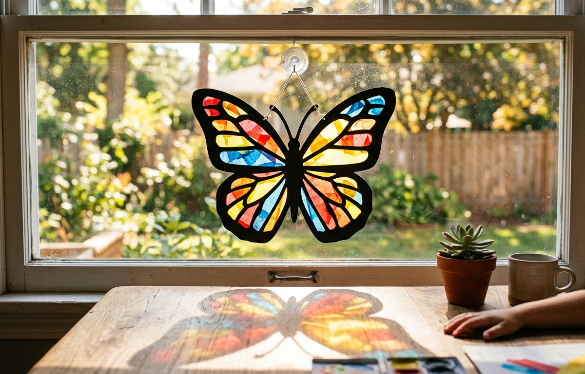 Sun-Catching Rainbow Tissue Paper Butterfly Window Clings — Arts & Crafts activity for ages 5–10 years (indoor, 45 min)