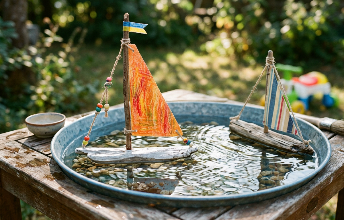Textured Sandpaper Sailboats with Floating Driftwood Keels — Arts & Crafts activity for ages 5–10 years (indoor, 60 min)