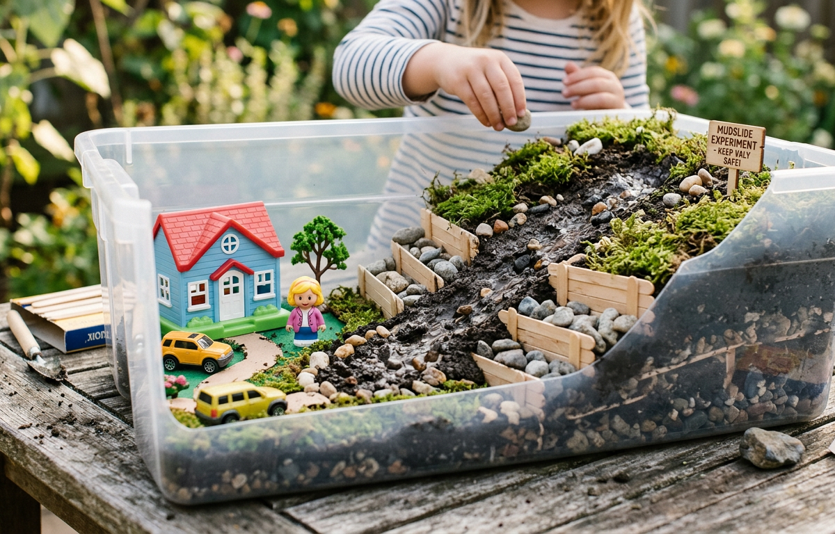 The Great Miniature Mudslide Mountain Protection Lab — Science Experiments activity for ages 6–11 years (outdoor, 45 min)