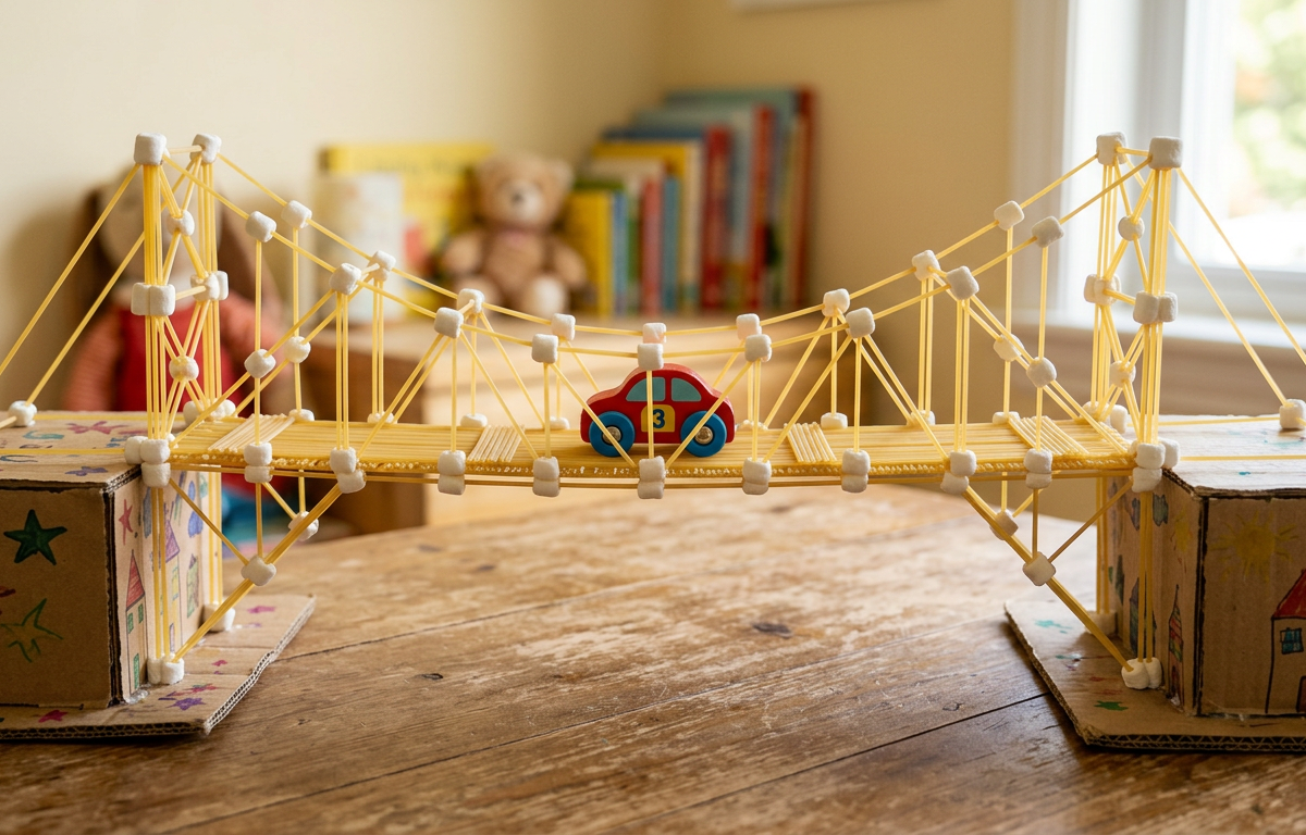 The Great Spaghetti and Marshmallow Suspended Toy Car Bridge — Construction & Engineering activity for ages 6–12 years (indoor, 60 min)