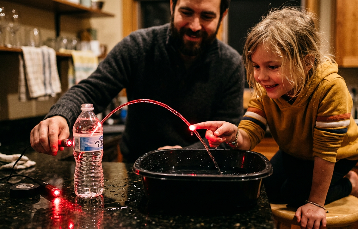 The Magic laser-bending water waterfall experiment — Science Experiments activity for ages 7–12 years (indoor, 45 min)