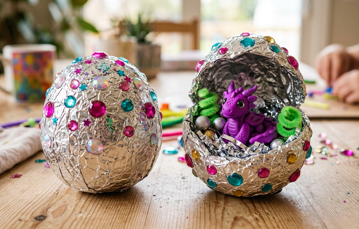Whimsical Foil-Wrapped Fantasy Creature Egg Pods — Arts & Crafts activity for ages 5–10 years (indoor, 60 min)